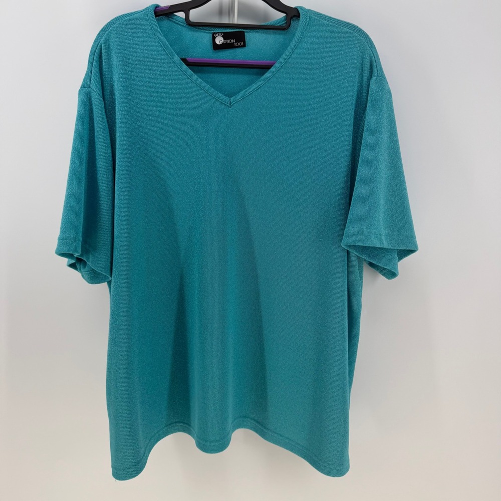 First Option Too! Knit Top Women 3X Teal VNeck Short Sleeve Plus Size Casual 90s